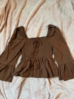 miami Brown Smocked Square-Neck Peplum Blouse